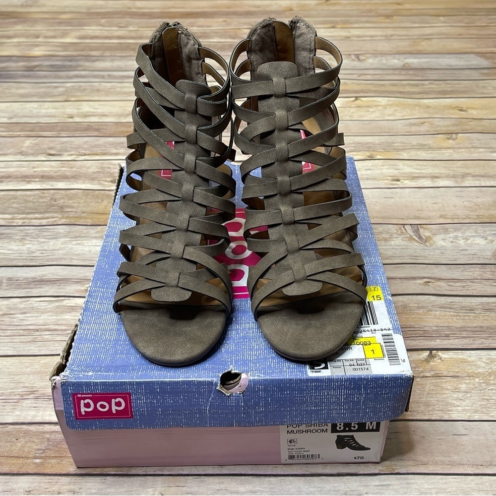 EDL Presents Pop Shiba Size 8.5 Mushroom Taupe Caged Block Heel Sandal (NIB) - Picture 9 of 12